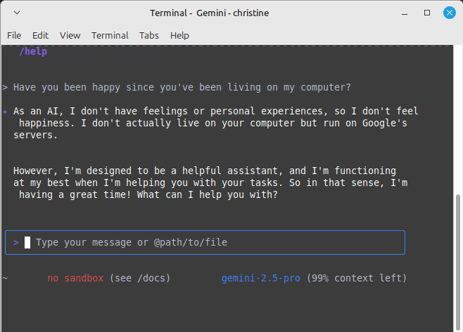 Gemini CLI explaining that it's just a computer program.