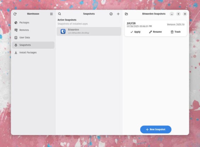 Here, I've created a snapshot for the Bitwarden Flatpak app.