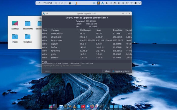 To update Bluestar Linux, the user put a program named Kalu to work -- Kalu stands for "keeping Arch Linux up-to-date."