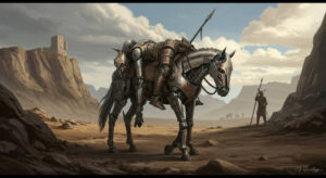 "Trail's end" motif with robot horse and warrior.