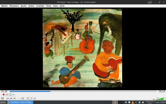 Playing "Music from Big Pink" from The Band on VLC while putting Sparky through its paces.