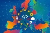 Map of Europe with digital symbols.