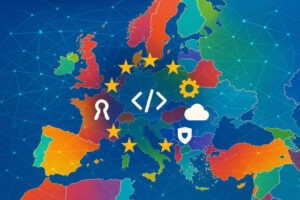 Map of Europe with digital symbols.