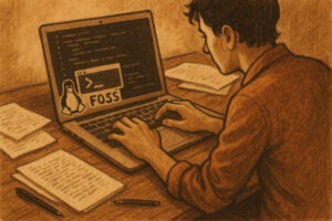 FOSS reporter working at a laptop.