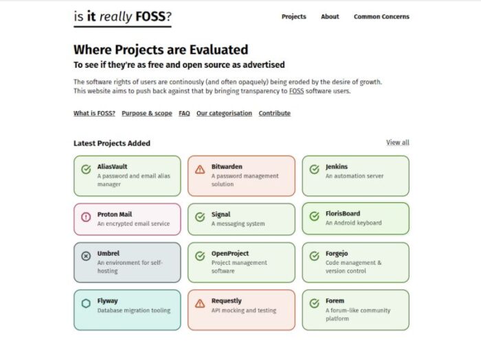 Screenshot of the Is It Really FOSS website.