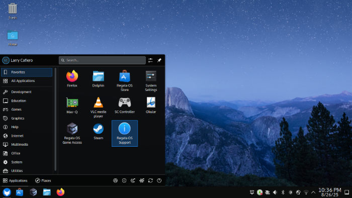 The KDE Plasma desktop environment on Regata OS with the application launcher activated.
