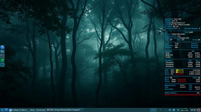 The BesGnuLinux 3-0 desktop with the Conky system monitor running on the right side.