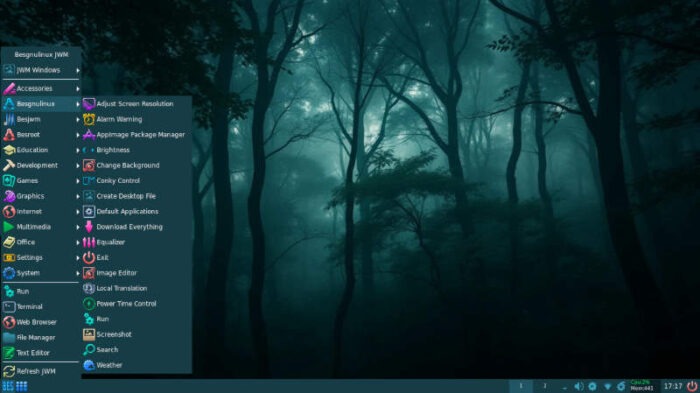 The BesGnuLinux menu shows some of the various tools that come with the distro.