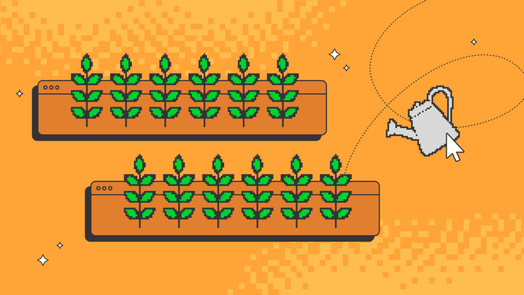 Pixel art plants growing in browser windows, with a cursor hovering a watering can.