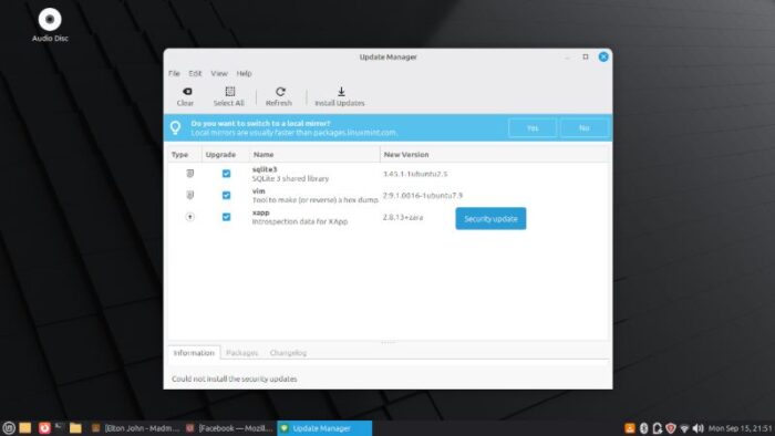 The Update Manager in Linux Mint 22.2 Mate provides the user with a simple interface.
