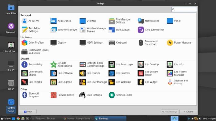 The Control Panel icon on the desktop produces a wide range of tools in Linux Lite 7.6.