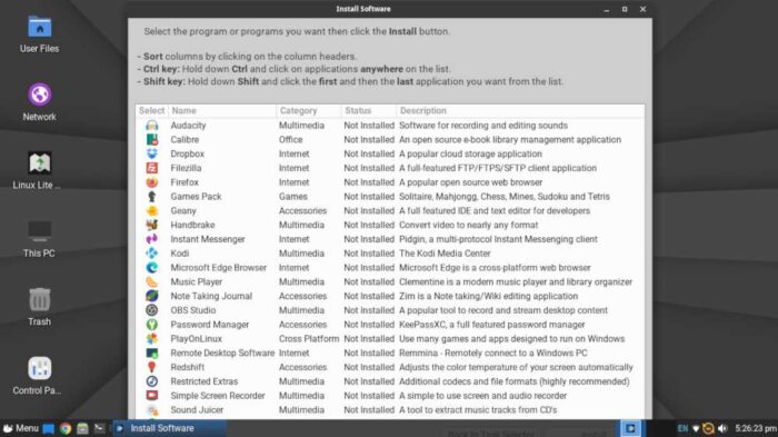 Linux Lite 7.6 curates a list of suggested software in its Lite Software program.