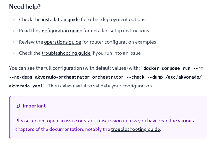Admonition in Akvorado documentation to ask a user not to open an issue or start a discussion before reading the documentation