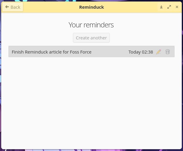 View Reminders screen on Reminduck.