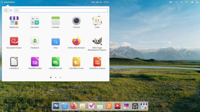 The Applications menu in elementaryOS 8.0.2 with the addition of Firefox, GIMP, and LibreOffice.