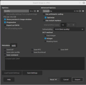 Exporting an image as a JPEG. Note, Gimp's default dark theme.