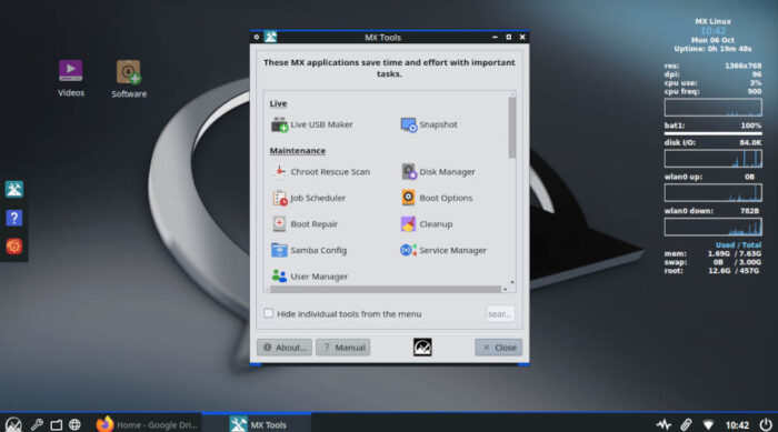 The MX Tools menu provides the user access to the many tools available in the distro.