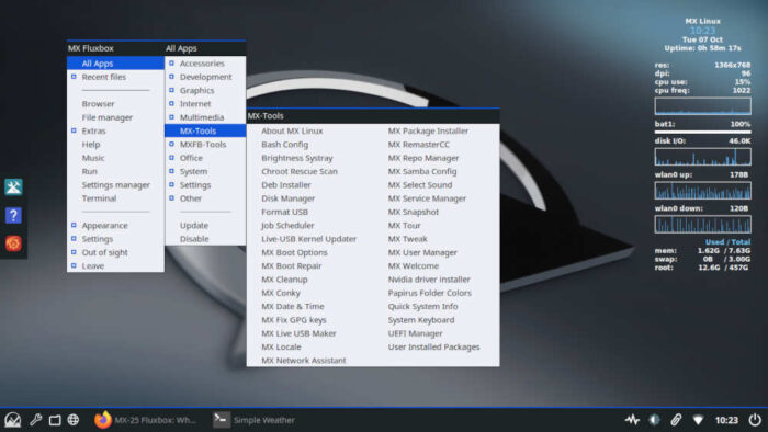 Right-clicking the mouse produces these menus in Fluxbox, and here are a list of tool in MX Linux.