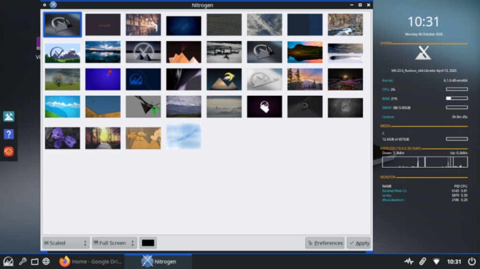 Nitrogen wallpaper manager provides a wide range of desktop photos and illustrations from which to choose.