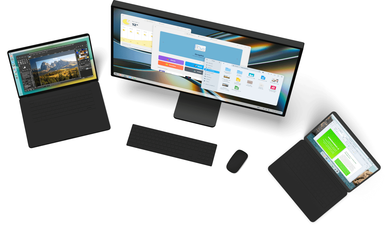 A desktop computer with 2 laptops at either side