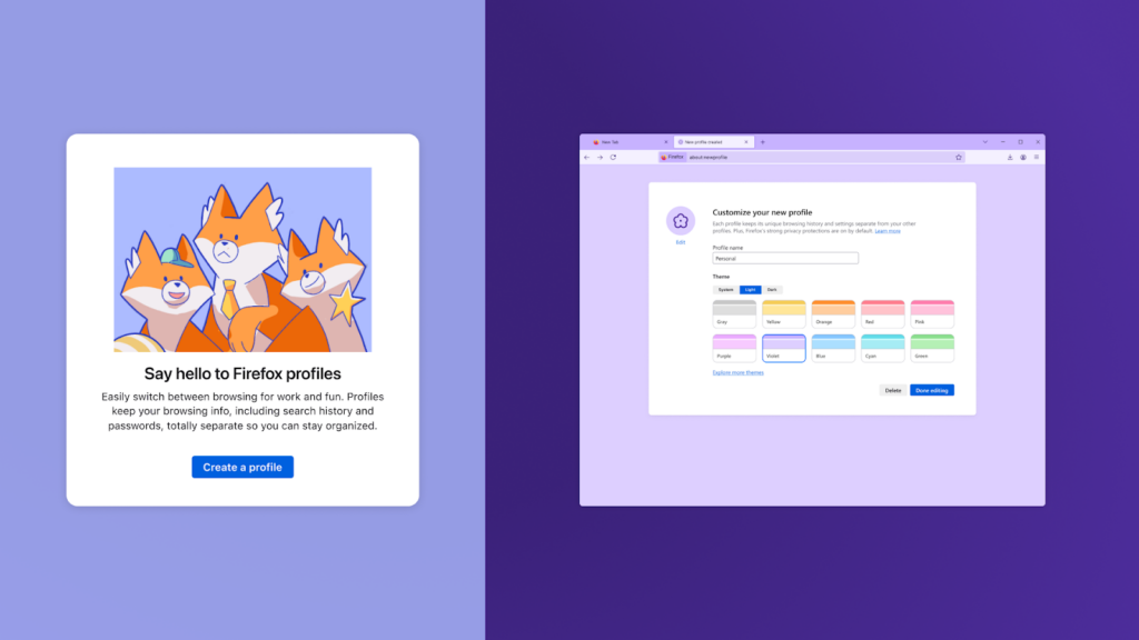 Firefox Profiles feature shown with an illustration of three foxes and a setup screen for creating and customizing browser profiles.