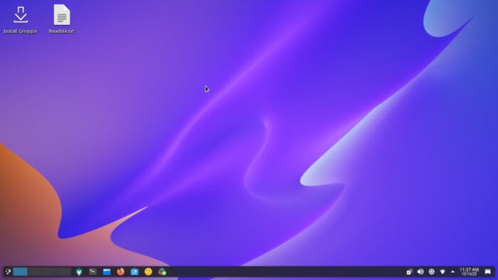 The Gnoppix KDE 25.10 desktop in all its KDE glory. The install icon remains post-install for some reason.
