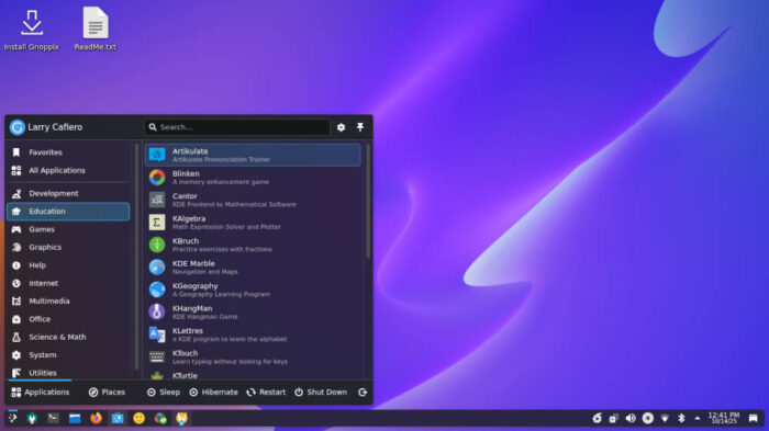 The KDE menu is robust in the Gnoppix KDE 25.10 version.