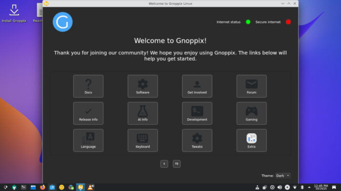 The Welcome Screen on Gnoppix KDE 25.10 provides a wide range of information to the user.
