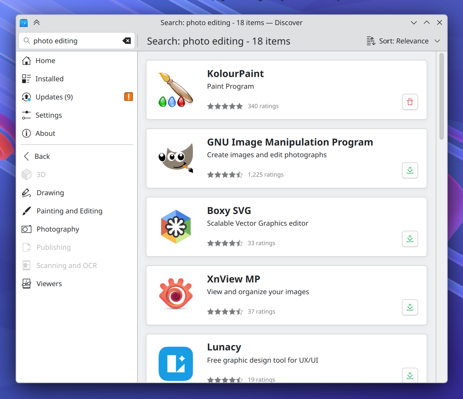 Main window of the Discover app showing the results of a search for "Photo editing", and more broadly depicting a vastly better way to find and install apps for normal people compared to a command-line package manager