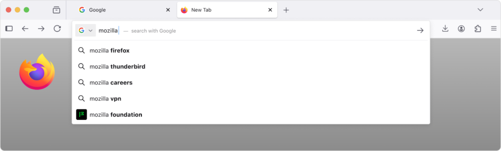A Firefox browser window with a gray gradient background. The Google search bar shows “mozilla.” Google suggestions below include “mozilla firefox,” “mozilla thunderbird,” “mozilla careers,” “mozilla vpn,” and “mozilla foundation.”