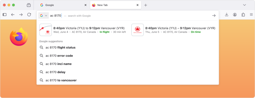 A Firefox browser window with an orange gradient background. The Google search bar shows “ac 8170.” The result displays an Air Canada flight from Victoria (YYJ) to Vancouver (YVR), showing departure and arrival times and that it’s “In flight” or “On time.”