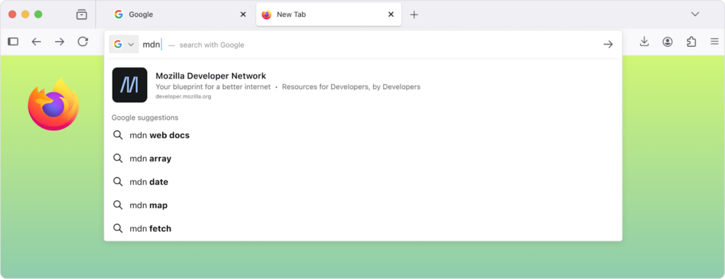 A Firefox browser window with a green gradient background. The Google search bar shows “mdn.” Below, the top result is “Mozilla Developer Network — Your blueprint for a better internet,” with Google suggestions like “mdn web docs,” “mdn array,” and “mdn fetch.”