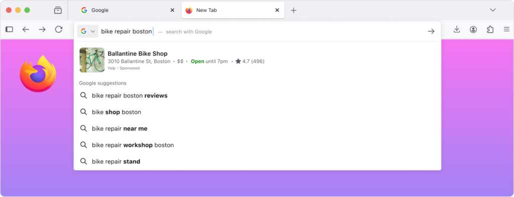 A Firefox browser window with a gradient pink-to-purple background. The Google search bar shows the query “bike repair boston.” Below it, Google suggestions and a featured result for “Ballantine Bike Shop” appear, showing address, rating, and hours.