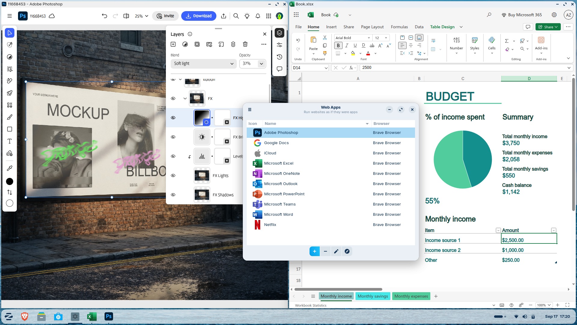 Web Apps tool running Adobe Photoshop and Microsoft Excel