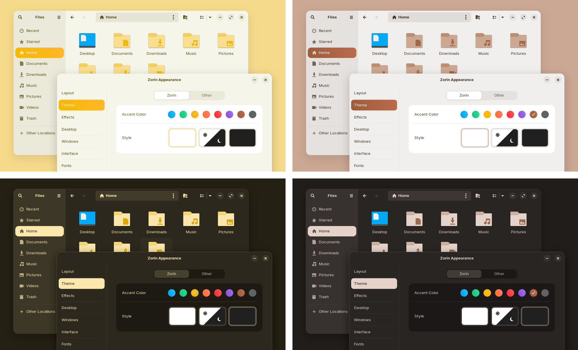 Yellow and Brown themes in light and dark variants
