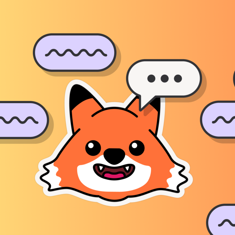 A cheerful cartoon fox head with a speech bubble containing three dots, surrounded by multiple chat bubbles on a warm orange-to-yellow gradient background. The fox appears to be communicating, evoking a friendly and conversational tone.