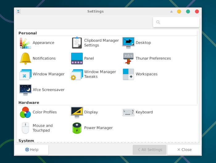 The Xfce settings menu is standard on GhostBSD 25.02 Xfce.