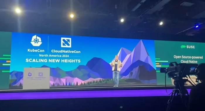 SUSE CEO Dirk-Peter van Leeuwen delivers his keynote address at KubeCon + CloudNativeCon North America 2025 in Atlanta.
