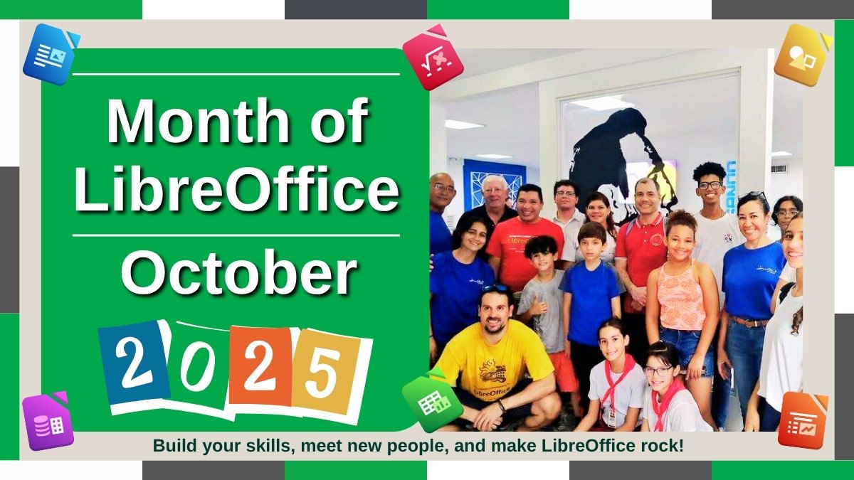 Month of LibreOffice banner, showing community members at events
