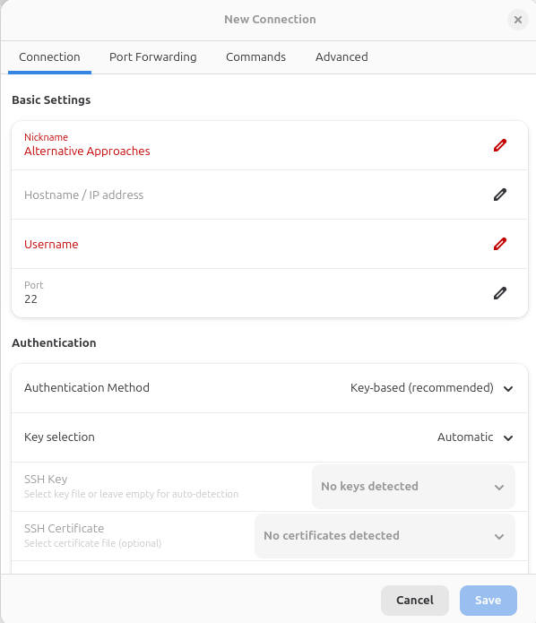 Making a new connection on SSH Pilot.