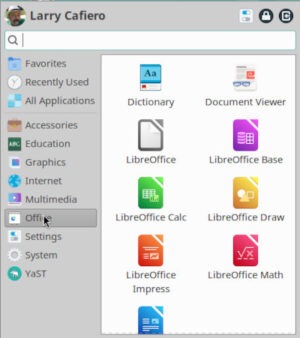 The Office menu in openSUSE Tumbleweed after adding LibreOffice to the software lineup.