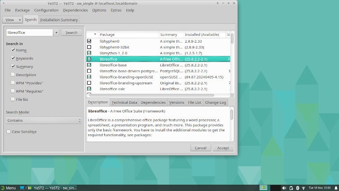 Downloading LibreOffice was a snap with YaST2 on openSUSE Tumbleweed.