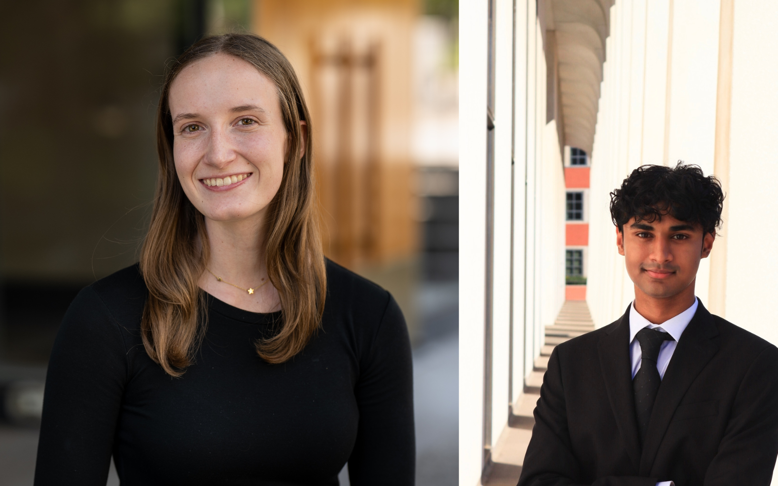 side by side image of two different people smiling for a photograph