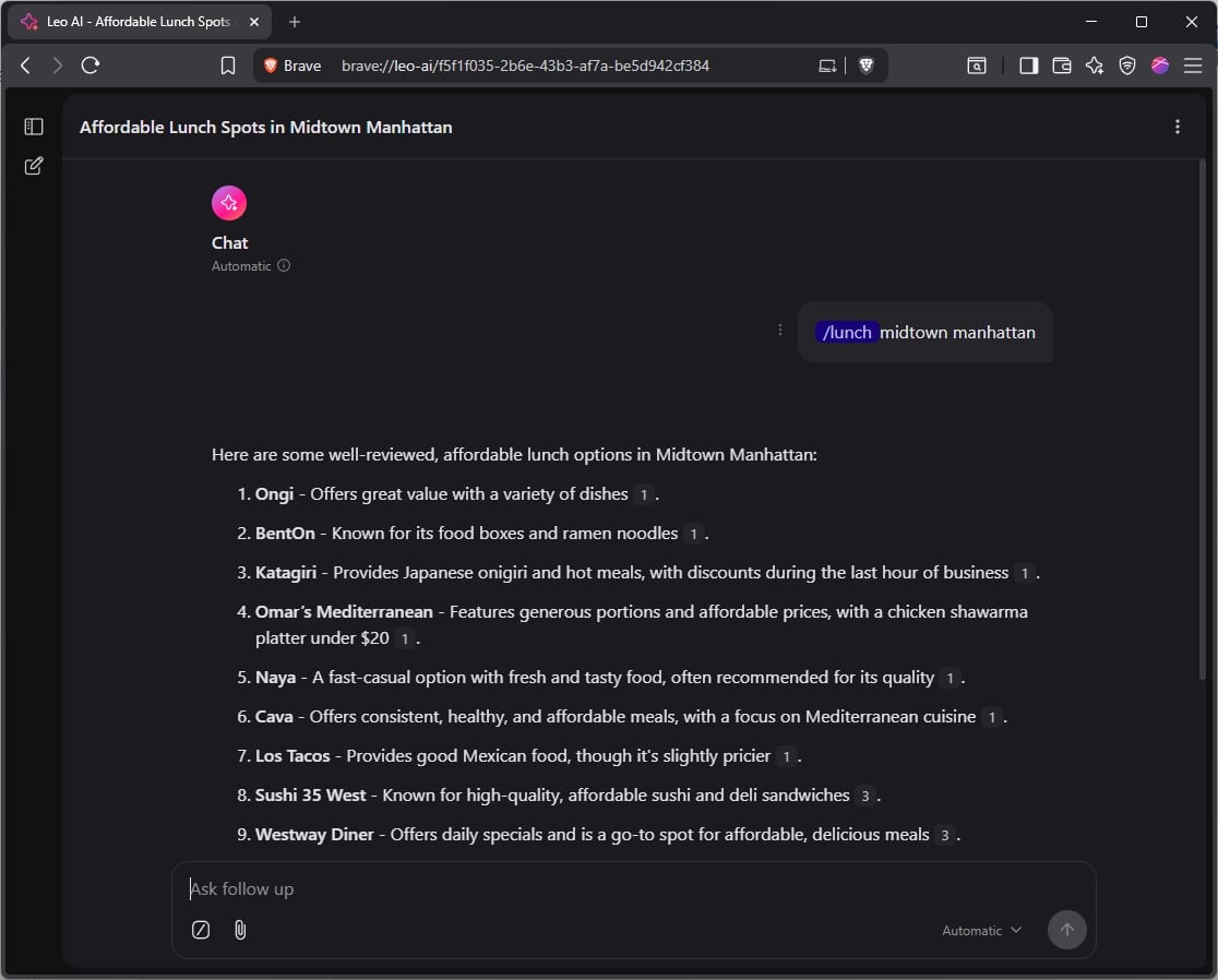 Leo chat using the /lunch skill listing affordable lunch spots in Midtown Manhattan