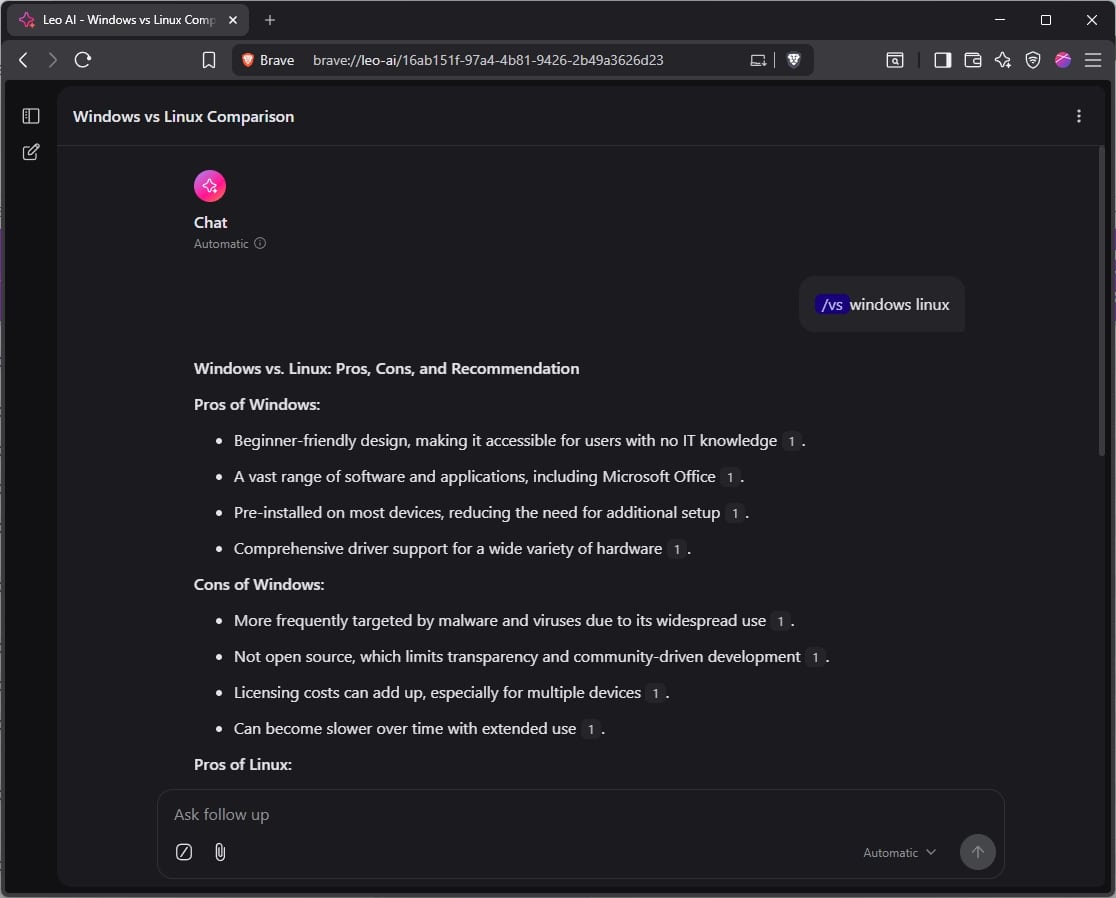 Leo chat using the /vs skill to compare Windows vs Linux with pros and cons