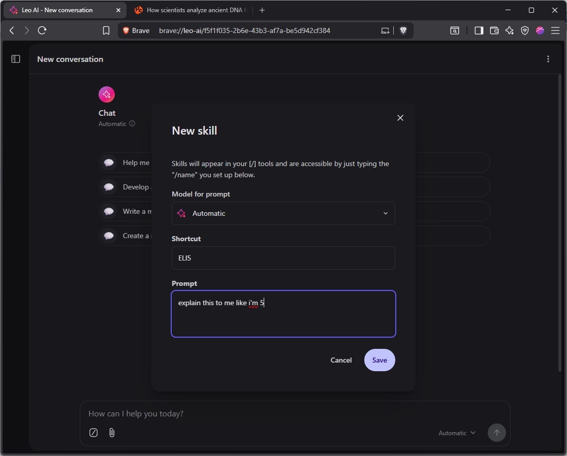 Brave Leo New skill modal with fields for model, shortcut, and prompt