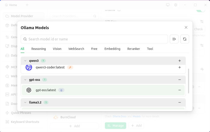 Screenshot of connecting Ollama to Cherry Studio.