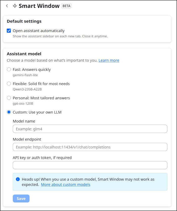 Smart Window connections page.